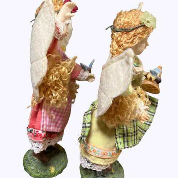 Decorative Angel Fairy Figurines Set With Gingham & Plaid Dresses Felt Wings - Picture 6 of 13